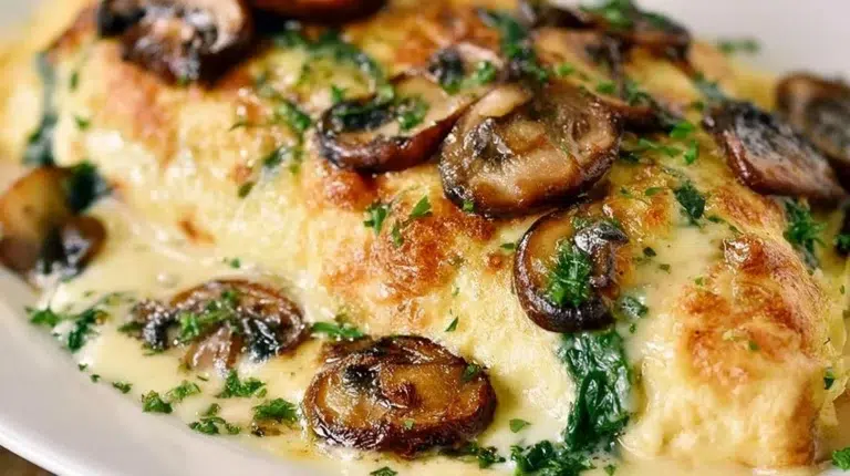 Creamy mushroom spinach omelet with melted cheese and fresh herbs