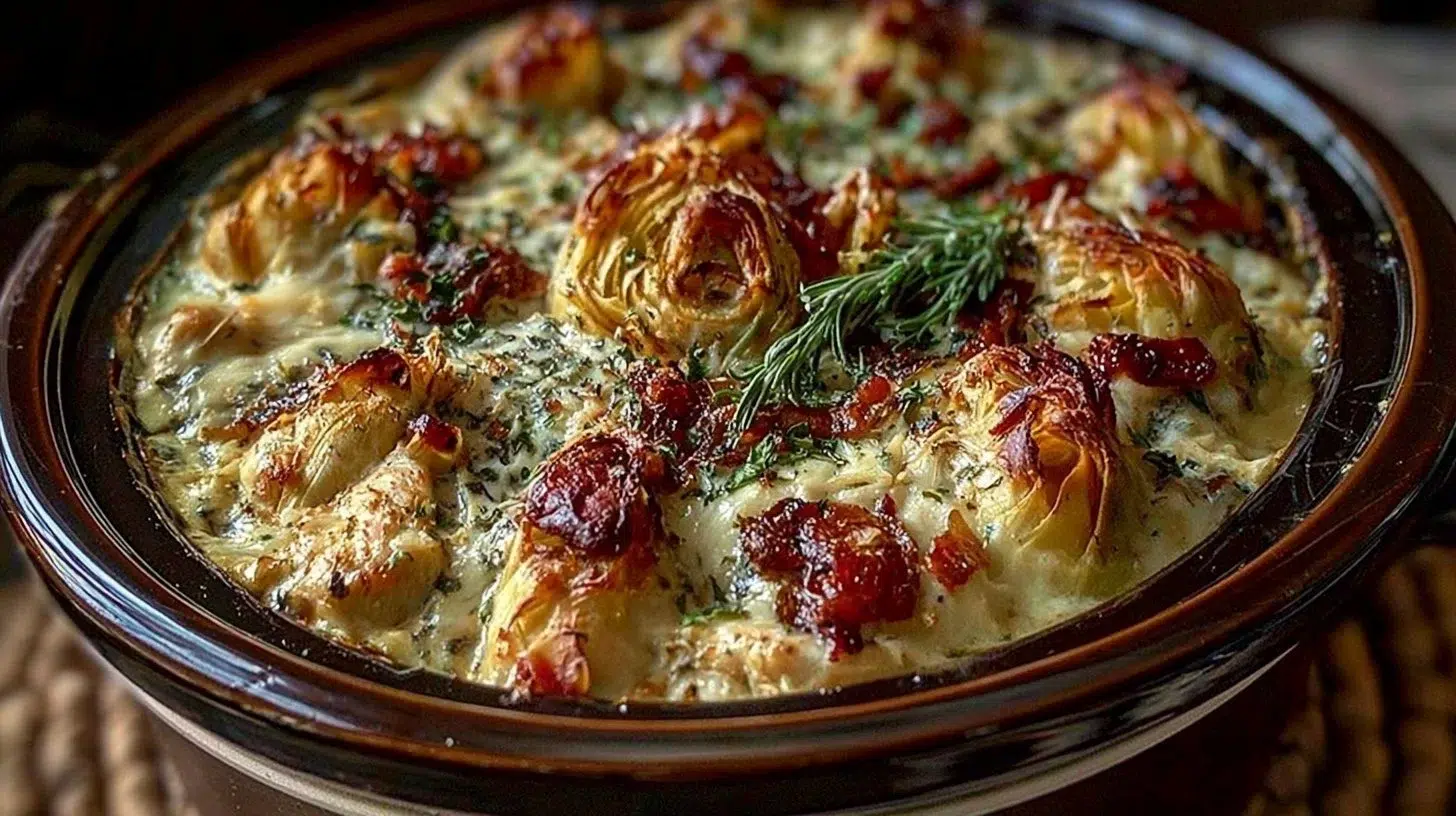 Creamy slow cooker chicken and artichoke casserole served in a dish
