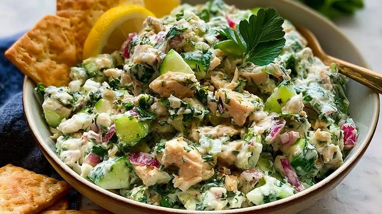 Creamy Tzatziki Chicken Salad made with Greek yogurt and fresh ingredients.