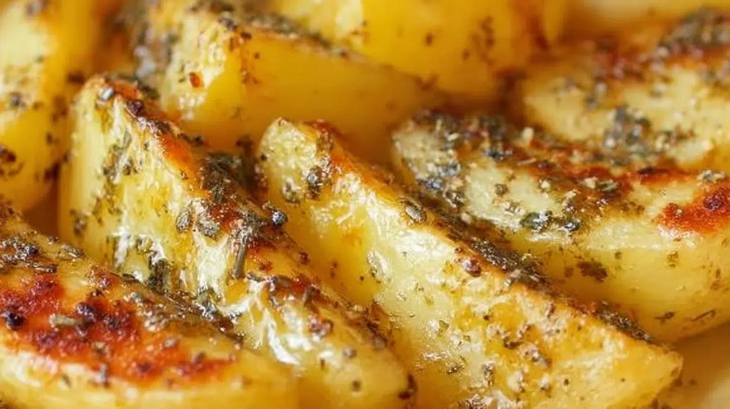 Crispy lemon roasted Greek potatoes garnished with fresh herbs and olive oil.