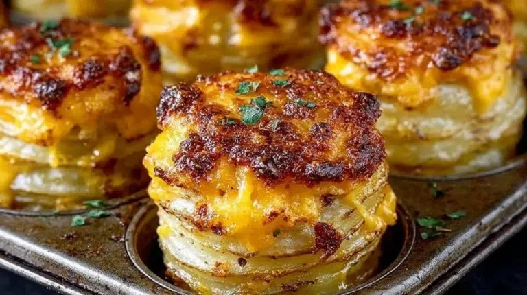 Crispy oven-baked sharp cheddar potato stacks garnished with fresh herbs