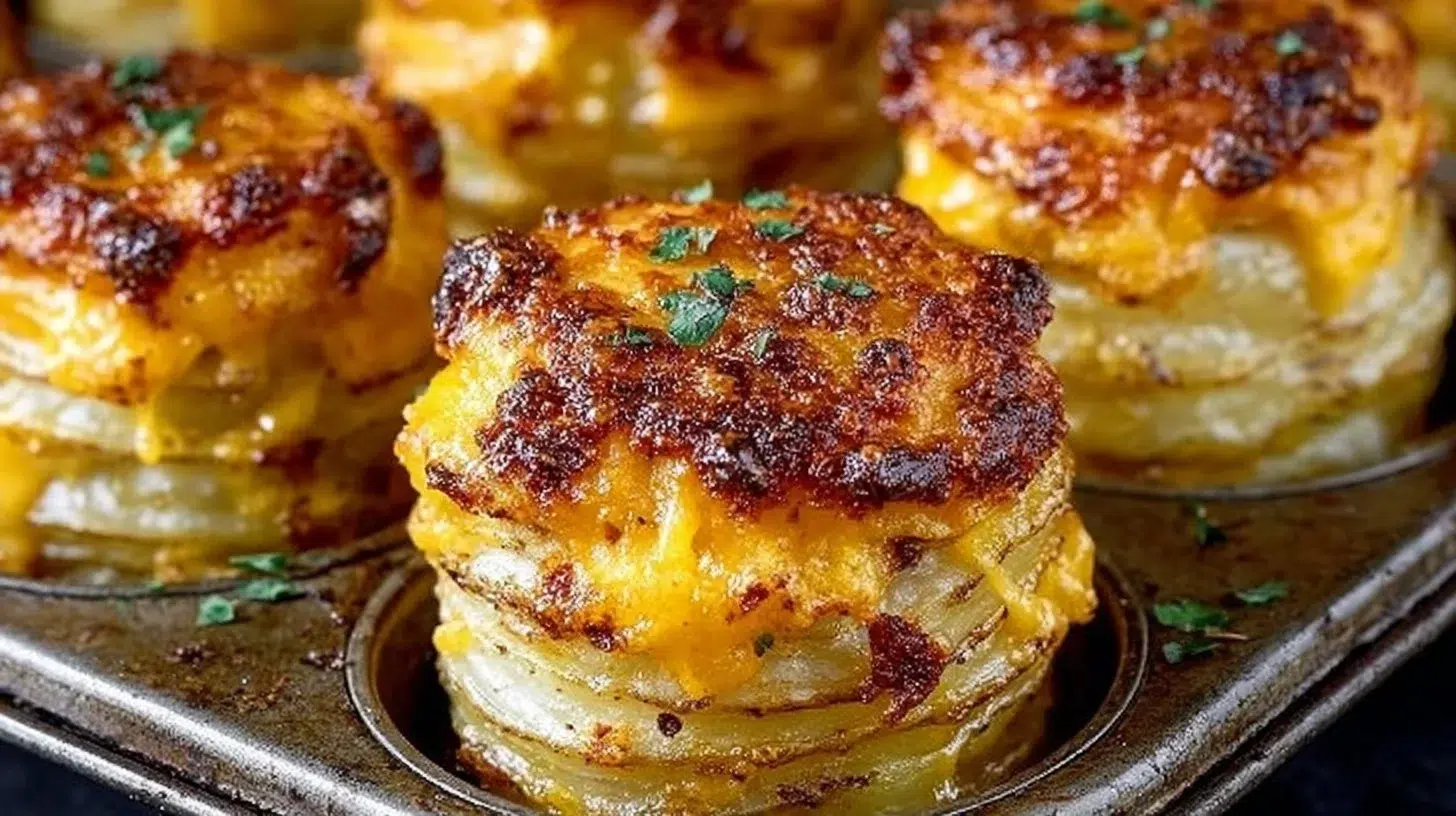 Crispy oven-baked sharp cheddar potato stacks garnished with fresh herbs