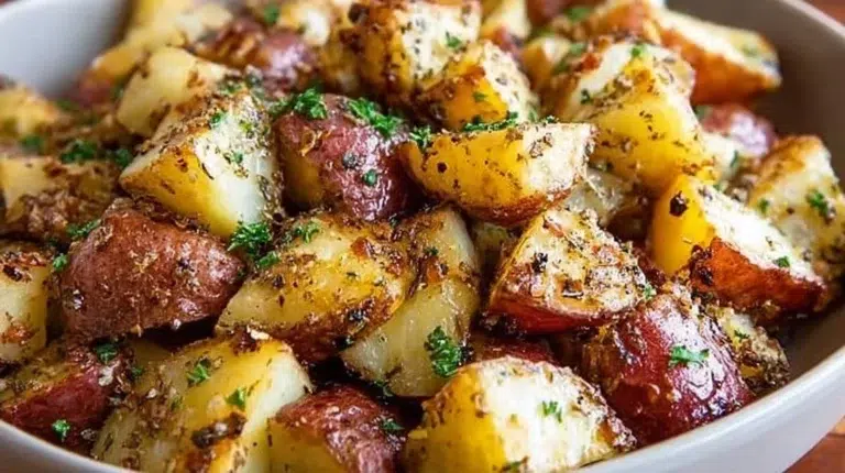 Crispy oven roasted red potatoes in a bowl, garnished with herbs