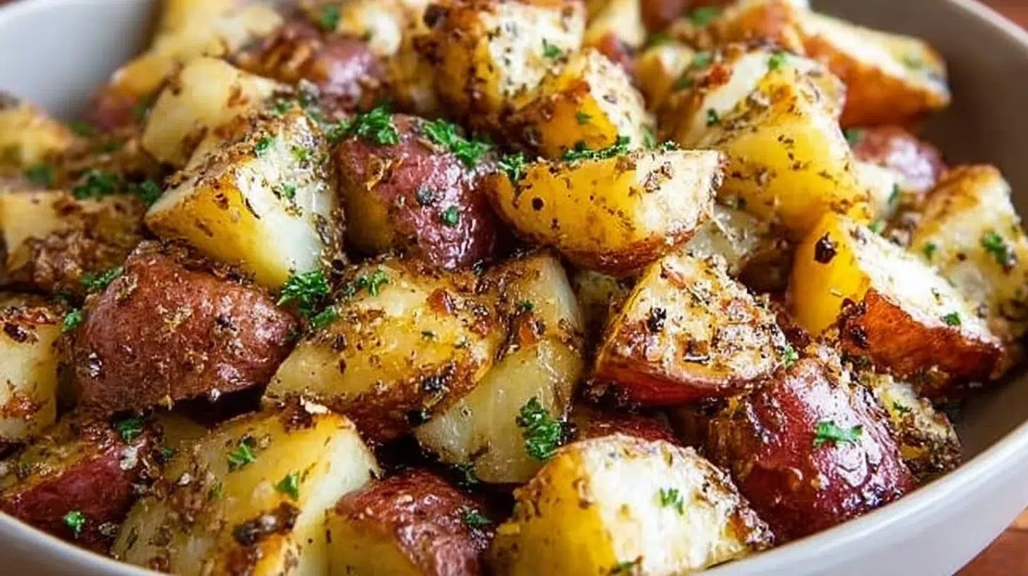 Crispy oven roasted red potatoes in a bowl, garnished with herbs