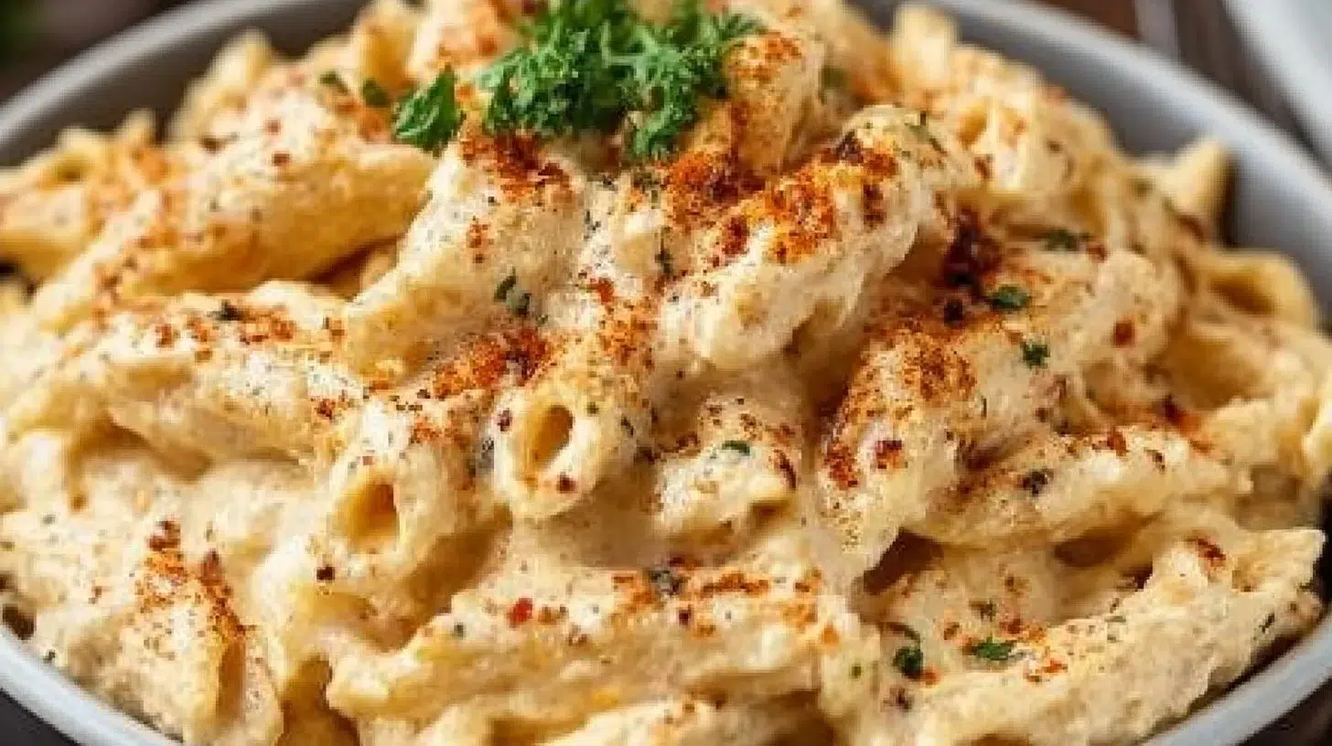 Bowl of creamy slow cooker Cajun chicken pasta topped with herbs