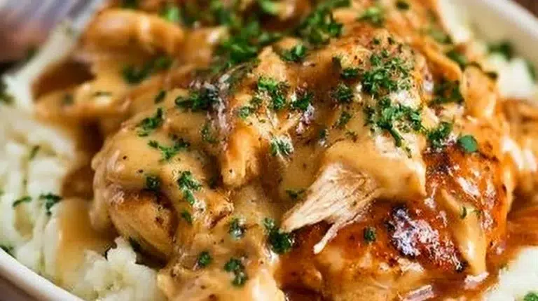 Slow cooker honey mustard chicken dish served with creamy sauce and vegetables.
