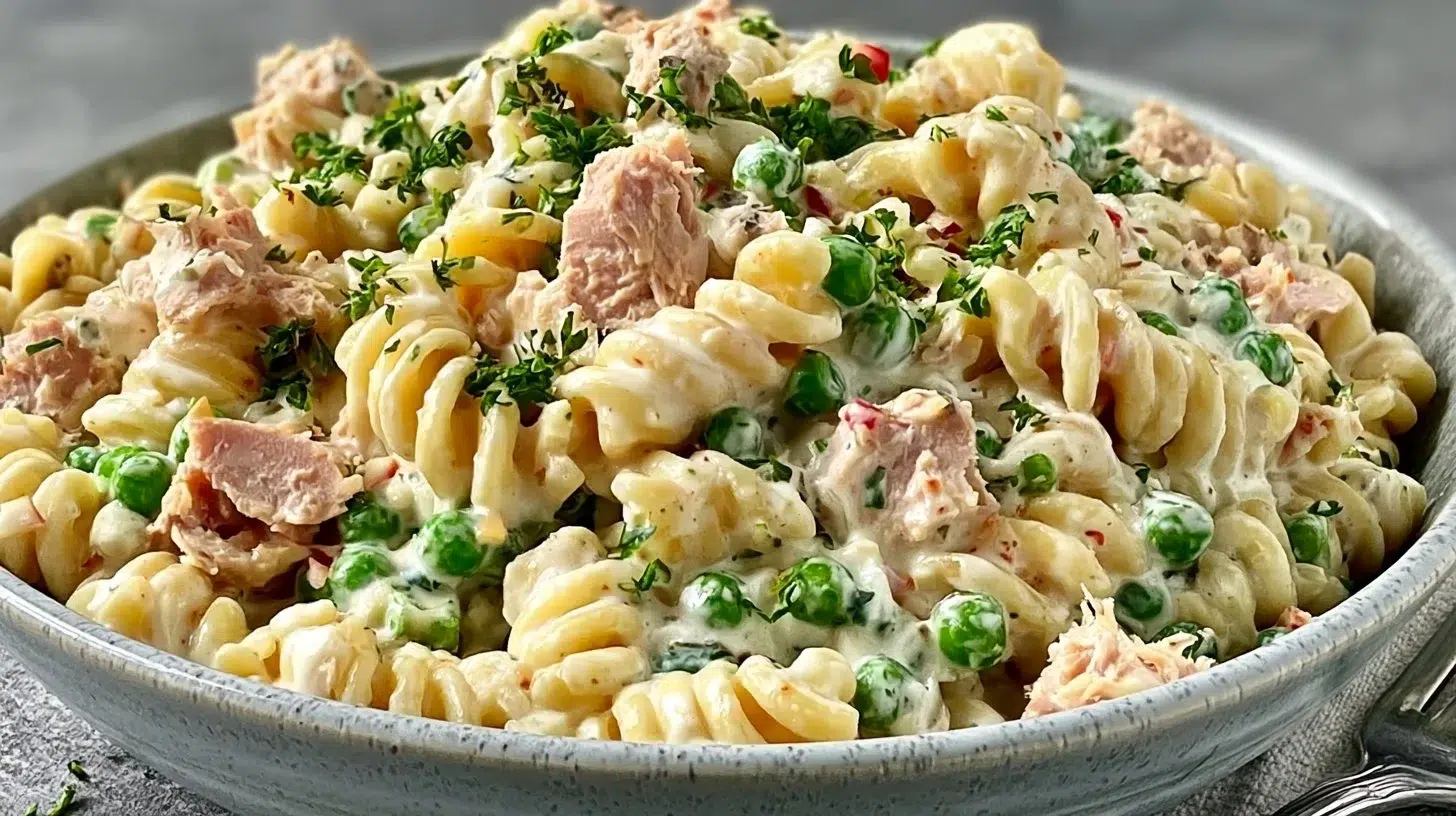 Easy tuna pasta salad recipe with creamy dressing and fresh ingredients
