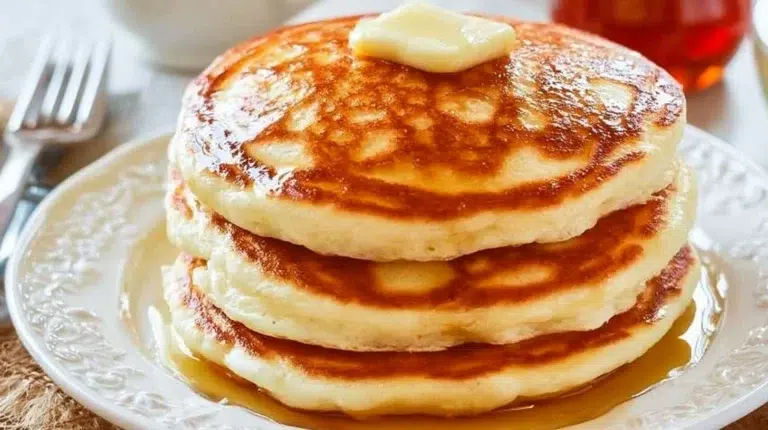 Delicious fluffy pancakes stacked on a plate with syrup and berries.