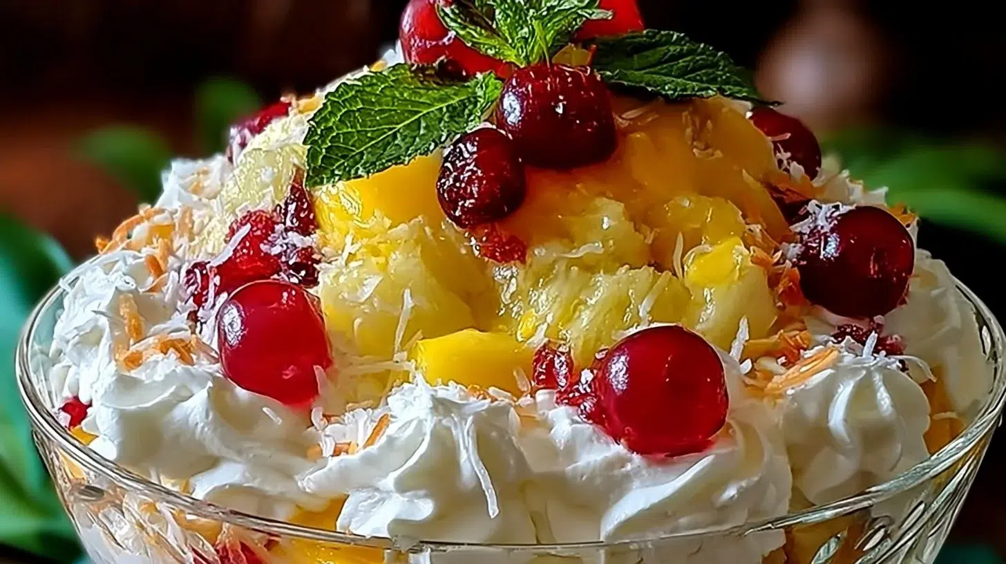 Hawaiian cheesecake salad with pineapple and coconut in a bowl