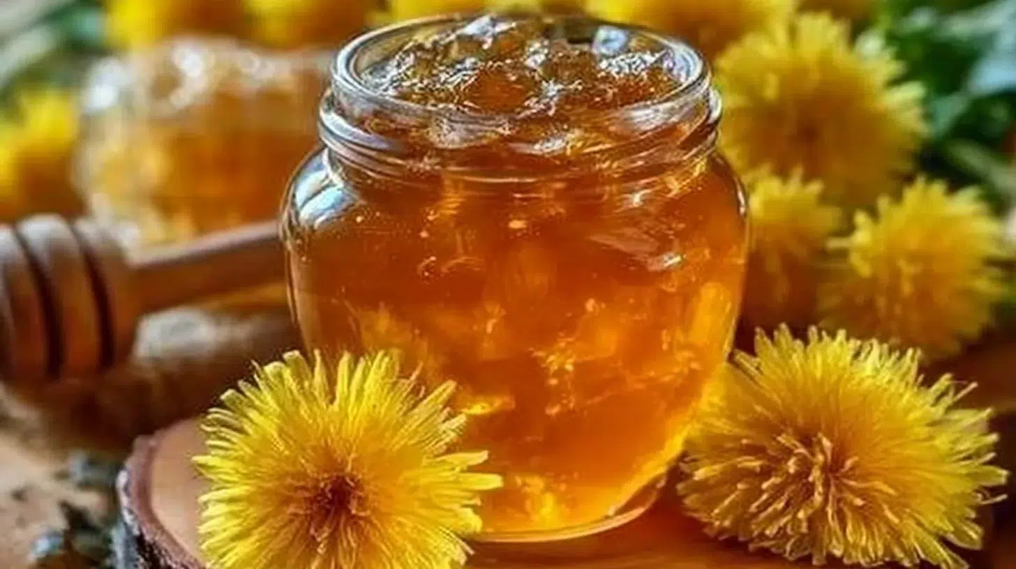 Homemade dandelion jelly in a jar with flowers and ingredients