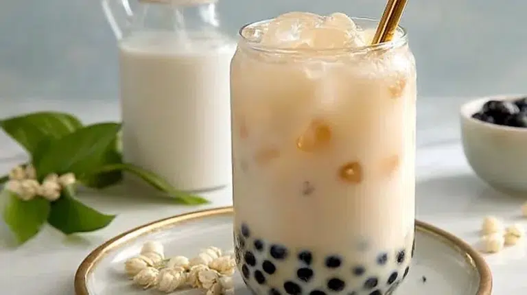 Cup of fragrant jasmine milk tea with cream on a wooden table