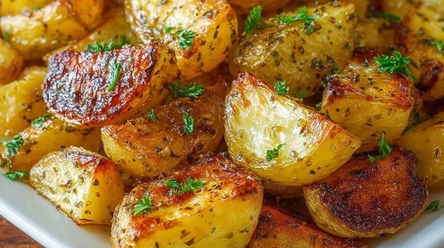 Crispy and fluffy perfect roasted potatoes served on a plate