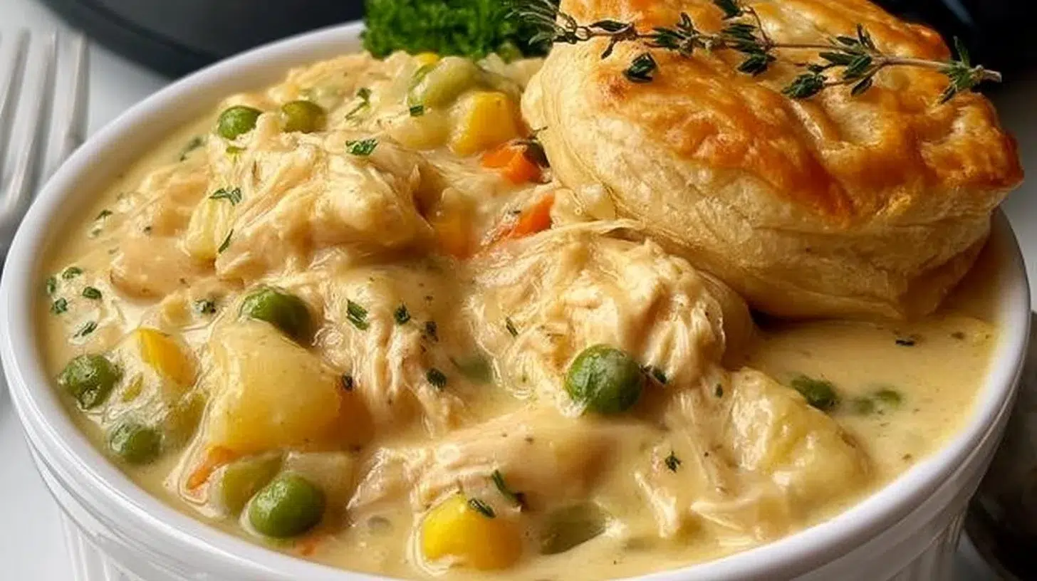 Delicious slow cooker chicken pot pie with creamy filling and flaky crust