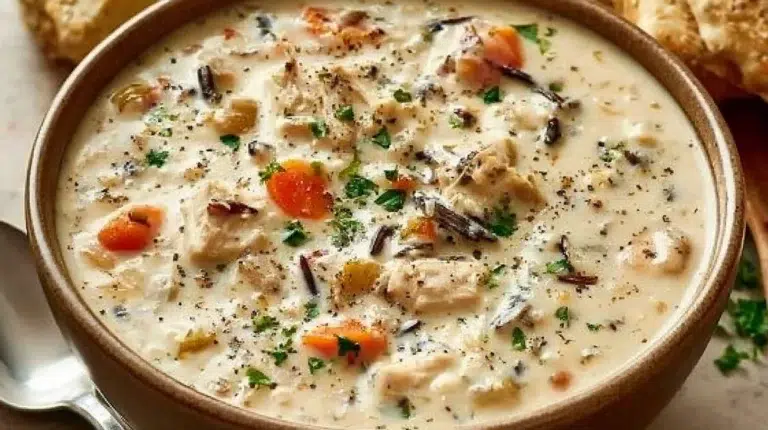 Bowl of slow cooker creamy chicken wild rice soup garnished with herbs