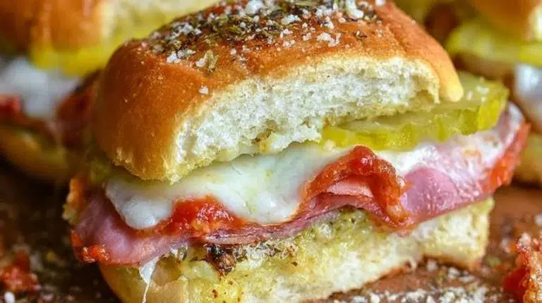 Spicy Italian sub sliders served on a game day platter with cheese and toppings.
