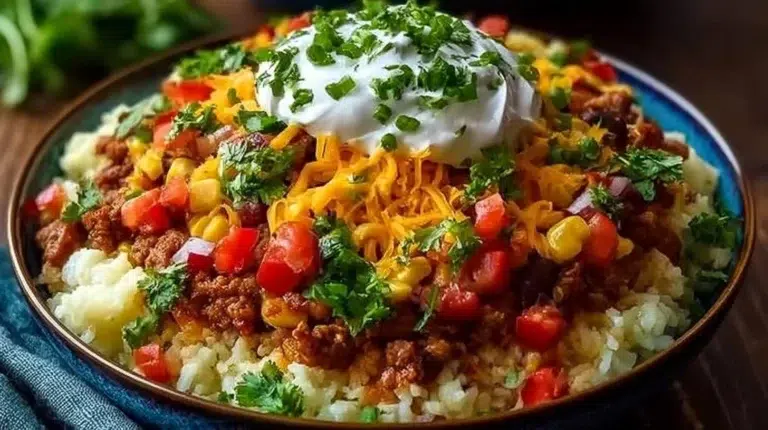 Delicious Taco Rice Bowl topped with seasoned beef, fresh vegetables, and cheese.