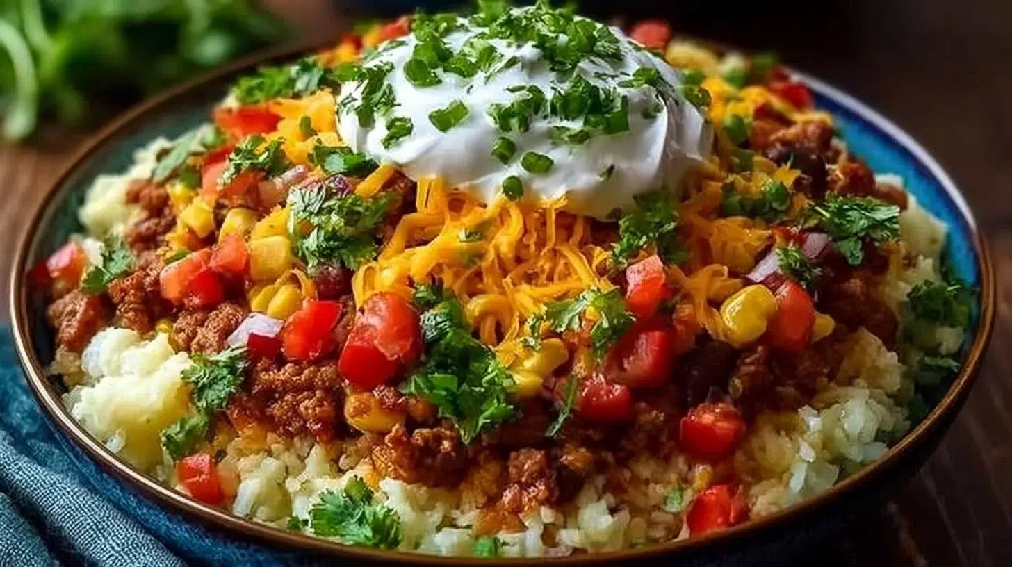 Delicious Taco Rice Bowl topped with seasoned beef, fresh vegetables, and cheese.