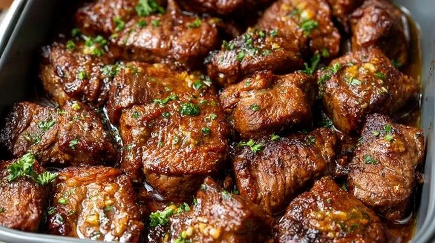 Air Fryer Garlic Butter Steak Bites cooked to perfection