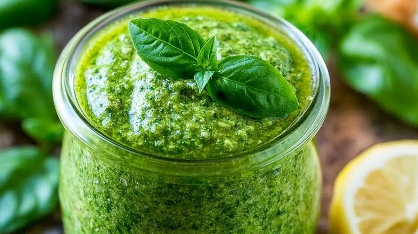 Freshly made basil pesto with vibrant green color and aromatic herbs.