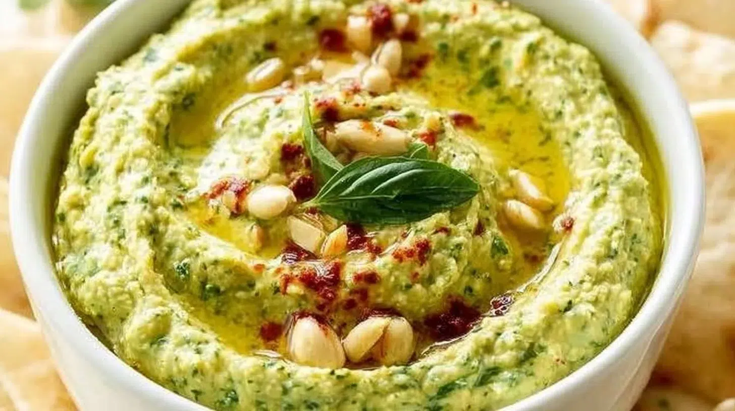 Basil pesto hummus served in a bowl with fresh basil leaves and pita chips.
