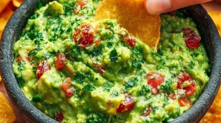 Delicious and fresh authentic guacamole in a bowl with tortilla chips