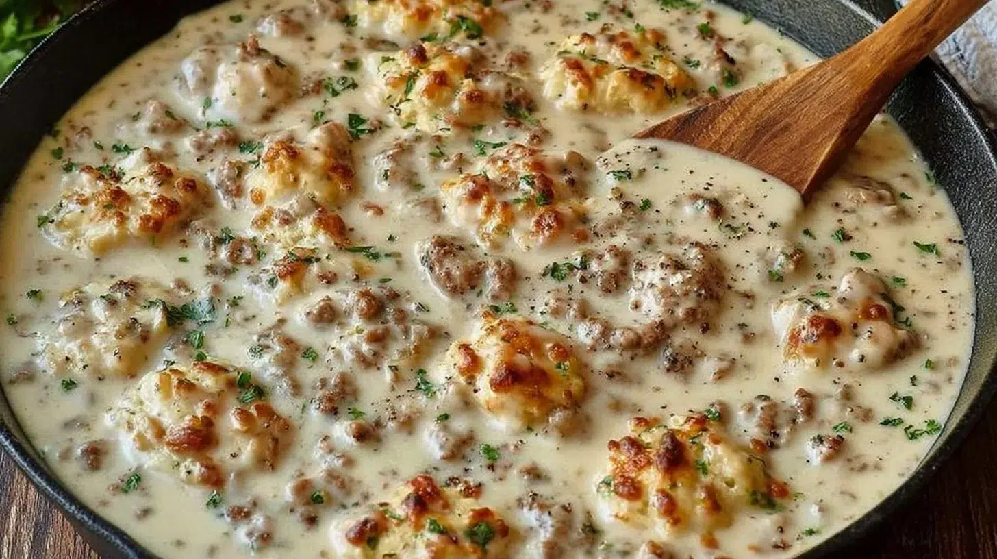 Fluffy biscuits served with creamy gravy on a plate, showcasing the best biscuits and gravy recipe.