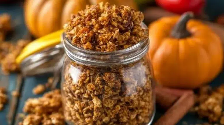 Delicious homemade pumpkin spice granola in a bowl for a fall-inspired breakfast.