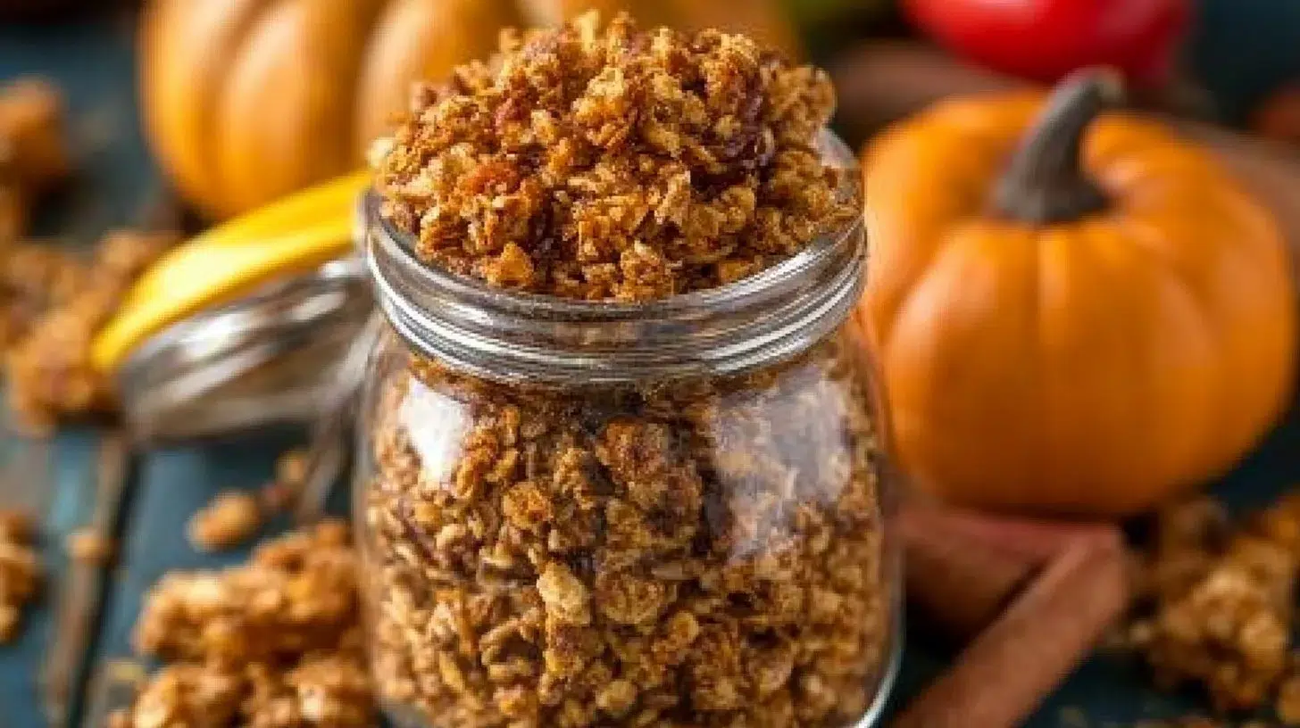 Delicious homemade pumpkin spice granola in a bowl for a fall-inspired breakfast.