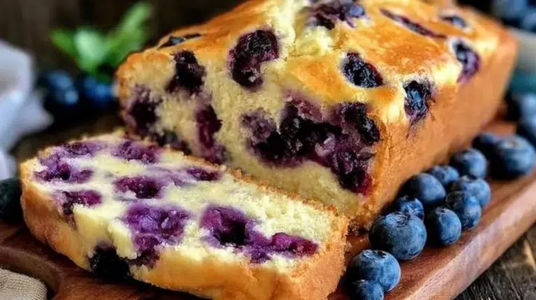 Deliciously moist blueberry cream cheese bread cooling on a wire rack.