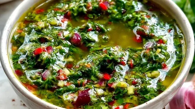 Bright herb chimichurri sauce served on grilled steak