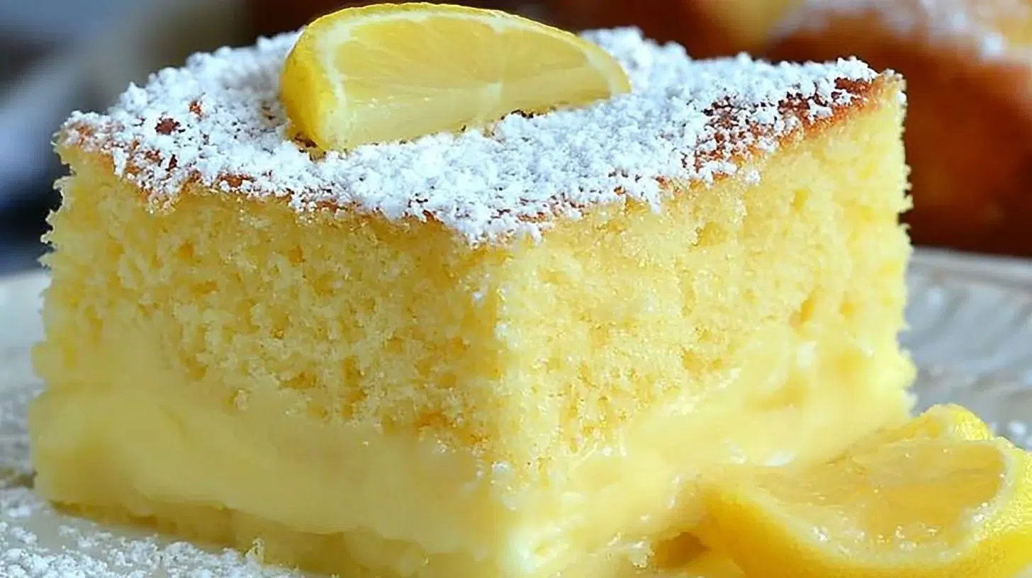 Bright lemon custard cake topped with fresh lemons and whipped cream.