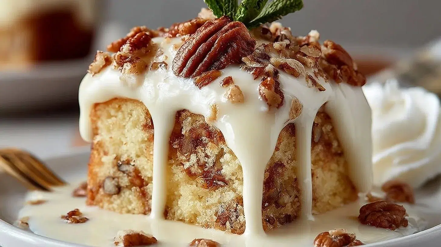 Delicious Butter Pecan Tres Leches Cake topped with pecans and creamy milk glaze.