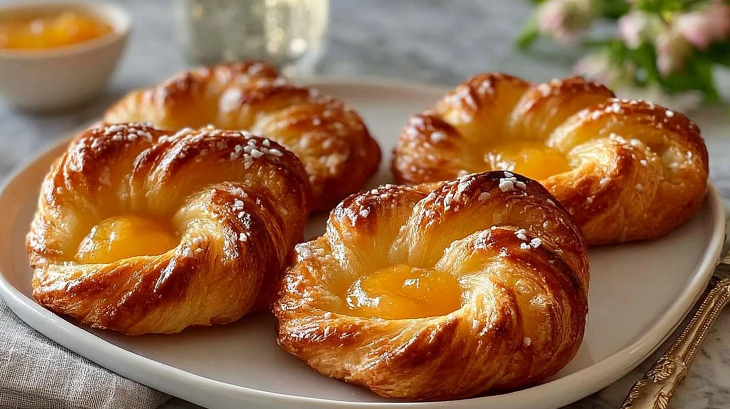 Freshly baked buttery apricot danish with a golden flaky crust and apricot filling