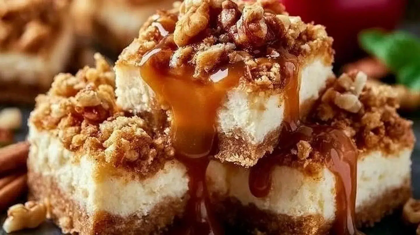 Caramel Apple Cheesecake Bars topped with caramel and apple slices