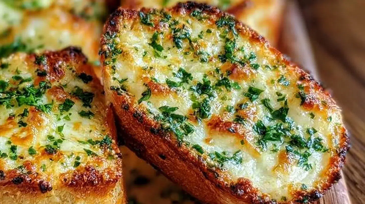 Cheesy garlic bread slices with crispy edges and gooey cheese topping