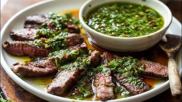Fresh Chimichurri Sauce made from Argentinian herbs for grilling
