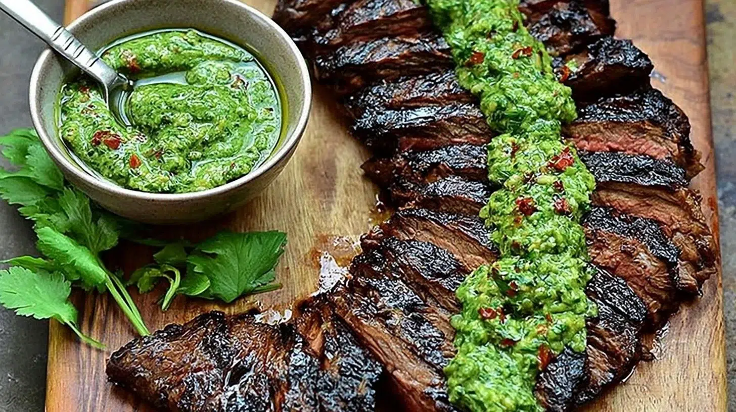 Grilled chimichurri-style skirt steak on a serving platter
