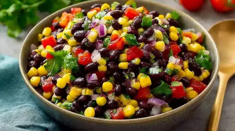 Delicious cilantro black bean and corn salsa served in a bowl