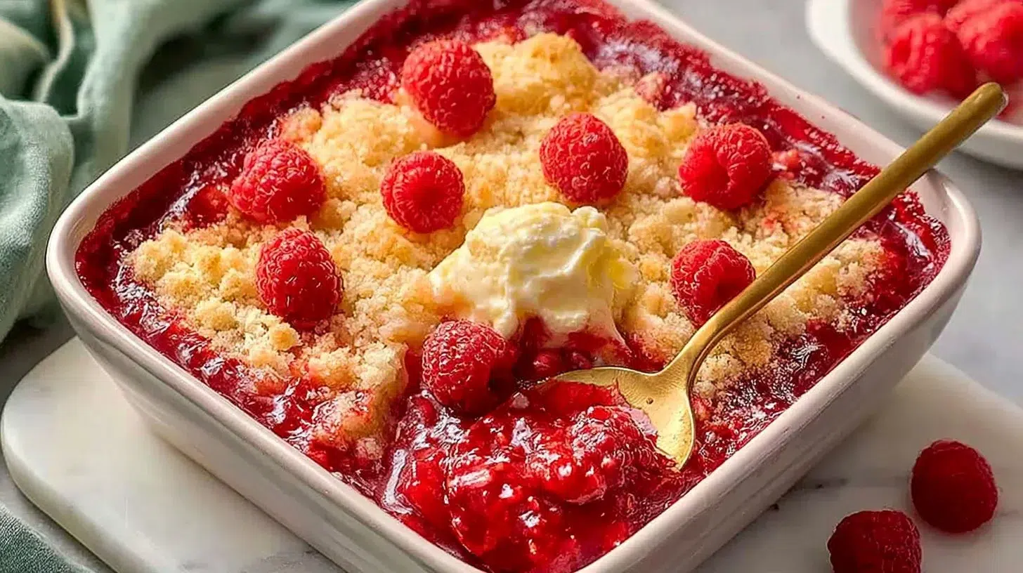 Classic homemade raspberry cobbler with warm, juicy berries in a baking dish