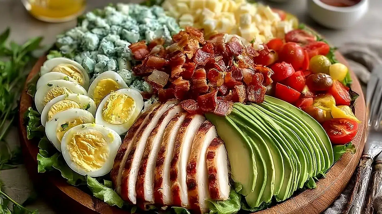 Delicious Cobb Salad topped with creamy avocado dressing and fresh ingredients