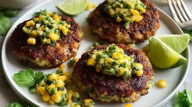 Delicious Corn Salsa Burgers topped with vibrant corn salsa and fresh ingredients.