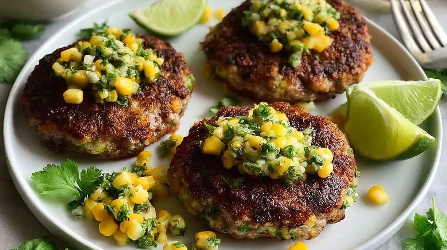 Delicious Corn Salsa Burgers topped with vibrant corn salsa and fresh ingredients.