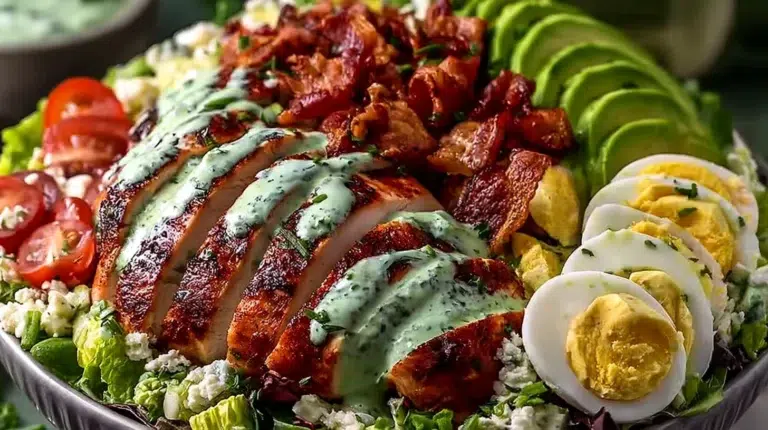 Creamy chicken cobb salad with fresh ingredients for a flavorful dinner.