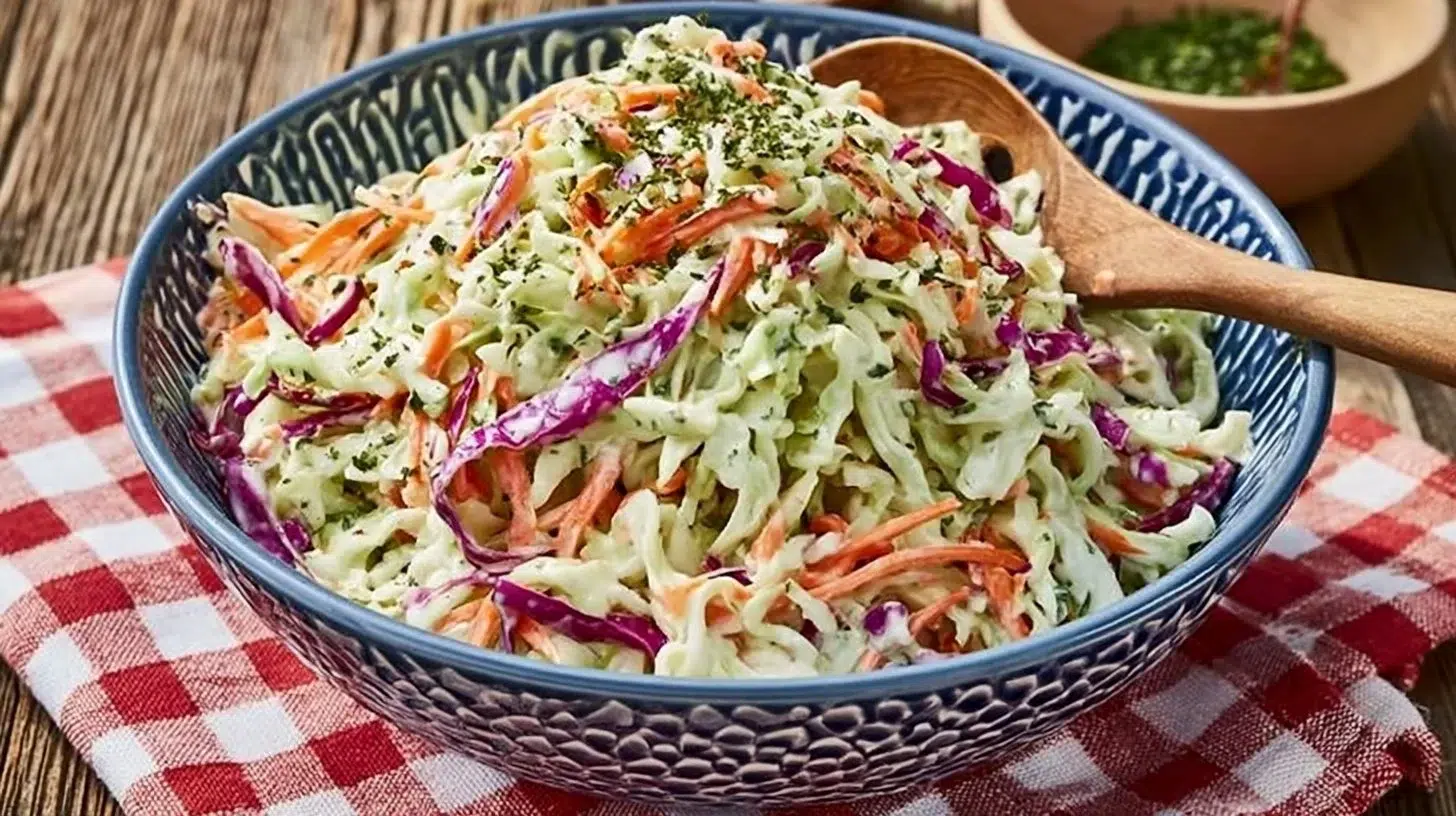 Bowl of creamy coleslaw with fresh vegetables and dressing