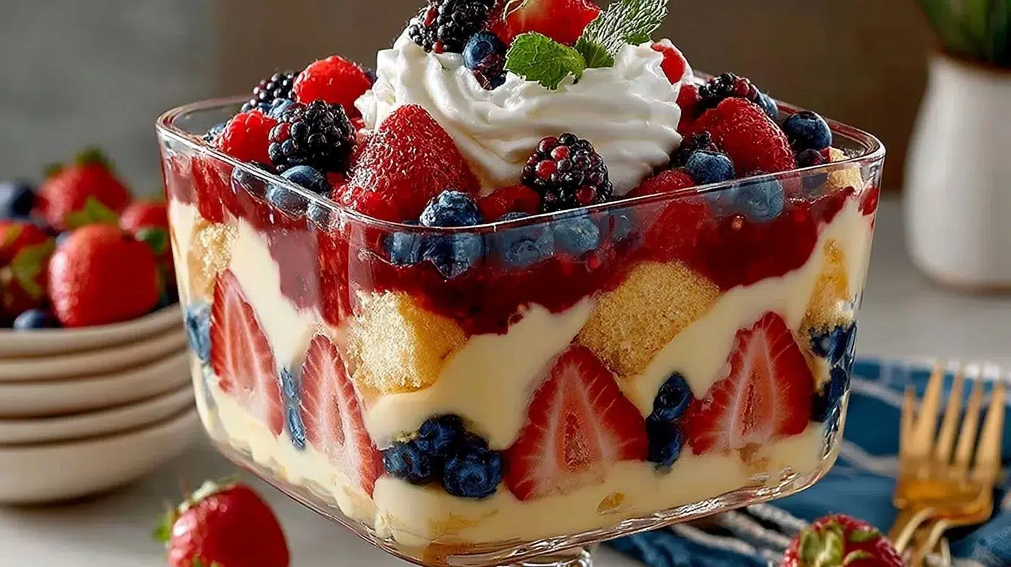 Creamy English berry trifle with layers of fruits and cream