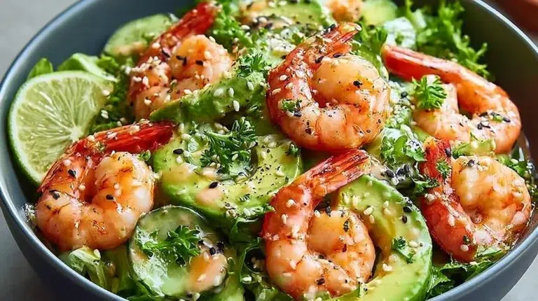 Creamy Japanese shrimp salad garnished with fresh vegetables in a bowl.