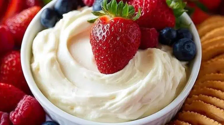 Creamy marshmallow cream cheese dip served with fresh fruit