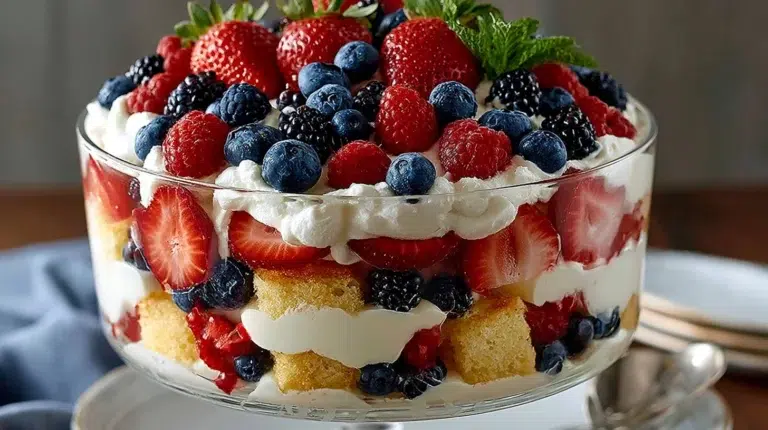 Patriotic berry trifle layered with fresh berries and whipped cream for July 4th dessert