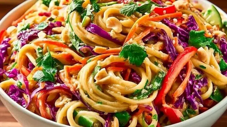 Creamy Thai Peanut Pasta Salad with tangy peanut sauce in a bowl