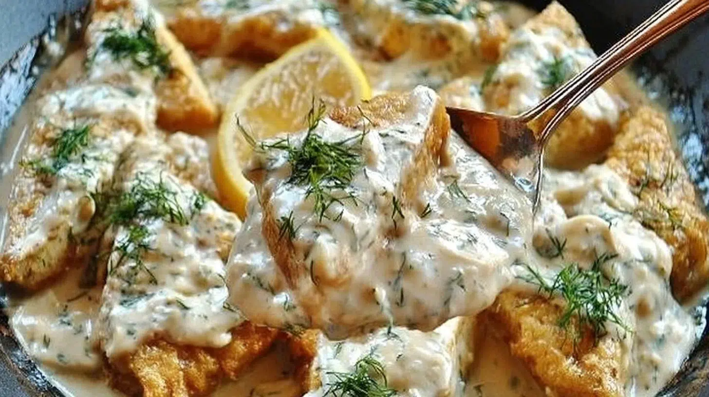 Crispy vegan tofu served with zesty lemon-dill cream sauce on a plate.